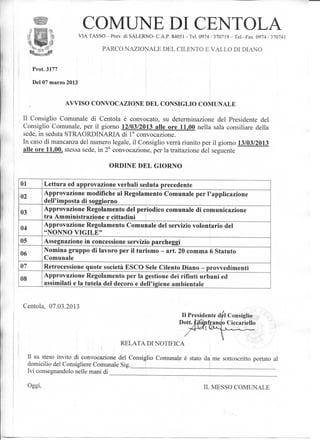 Comune di Centola - Consiglio comunale del 12 marzo 2013. Ordine del giorno.