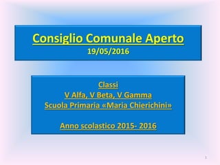 1
Consiglio Comunale Aperto
19/05/2016
Classi
V Alfa, V Beta, V Gamma
Scuola Primaria «Maria Chierichini»
Anno scolastico 2015- 2016
 