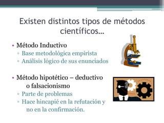 Existen distintos tipos de métodos
científicos…
• Método Inductivo
▫ Base metodológica empirista
▫ Análisis lógico de sus enunciados
• Método hipotético – deductivo
o falsacionismo
▫ Parte de problemas
▫ Hace hincapié en la refutación y
no en la confirmación.
 