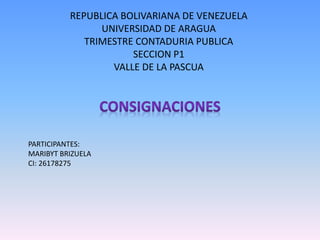REPUBLICA BOLIVARIANA DE VENEZUELA
UNIVERSIDAD DE ARAGUA
TRIMESTRE CONTADURIA PUBLICA
SECCION P1
VALLE DE LA PASCUA
PARTICIPANTES:
MARIBYT BRIZUELA
CI: 26178275
 