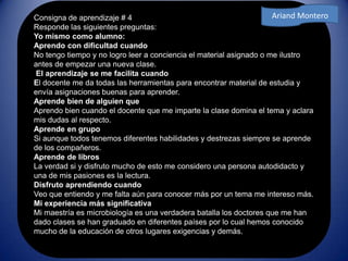 Consigna de aprendizaje # 4
Responde las siguientes preguntas:
Yo mismo como alumno:
Aprendo con dificultad cuando
No tengo tiempo y no logro leer a conciencia el material asignado o me ilustro
antes de empezar una nueva clase.
El aprendizaje se me facilita cuando
El docente me da todas las herramientas para encontrar material de estudia y
envía asignaciones buenas para aprender.
Aprende bien de alguien que
Aprendo bien cuando el docente que me imparte la clase domina el tema y aclara
mis dudas al respecto.
Aprende en grupo
Si aunque todos tenemos diferentes habilidades y destrezas siempre se aprende
de los compañeros.
Aprende de libros
La verdad si y disfruto mucho de esto me considero una persona autodidacto y
una de mis pasiones es la lectura.
Disfruto aprendiendo cuando
Veo que entiendo y me falta aún para conocer más por un tema me intereso más.
Mi experiencia más significativa
Mi maestría es microbiología es una verdadera batalla los doctores que me han
dado clases se han graduado en diferentes países por lo cual hemos conocido
mucho de la educación de otros lugares exigencias y demás.
Ariand Montero
 