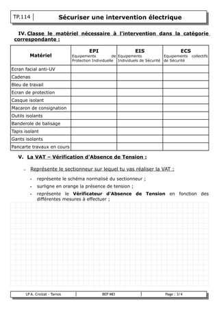 TP.114                        Sécuriser une intervention électrique

  IV. Classe le matériel nécessaire à l'intervention dans la catégorie
 correspondante :

                                           EPI                     EIS                    ECS
            Matériel               Equipements           de Equipements            Equipements   collectifs
                                   Protection Individuelle Individuels de Sécurité de Sécurité
                                                                                   d

Ecran facial anti-UV
Cadenas
Bleu de travail
Ecran de protection
Casque isolant
Macaron de consignation
Outils isolants
Banderole de balisage
Tapis isolant
Gants isolants
Pancarte travaux en cours

    V. La VAT – Vérification d'Absence de Tension :

      –     Représente le sectionneur sur lequel tu vas réaliser la VAT :

            •   représente le schéma normalisé du sectionneur ;
            •   surligne en orange la présence de tension ;
            •   représente le Vérificateur d'Absence de Tension en fonction des
                différentes mesures à effectuer ;




          LP A. Croizat - Tarnos                  BEP MEI                         Page : 3/4
B
 