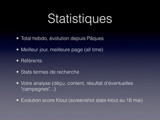 Statistiques
• Total hebdo, évolution depuis Pâques

• Meilleur jour, meilleure page (all time)

• Référents

• Stats termes de recherche

• Votre analyse (déçu, content, résultat d'éventuelles
  "campagnes"...)

• Evolution score Klout (screenshot stats klout au 18 mai)
 
