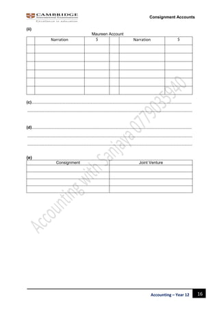 16Accounting – Year 12
Consignment Accounts
(ii)
Maureen Account
Narration $ Narration $
(c)……………………………………………………………………………………………………………………………………………………….
……………………………………………………………………………………………………………………………………………………………
(d)……………………………………………………………………………………………………………………………………………………….
……………………………………………………………………………………………………………………………………………………………
……………………………………………………………………………………………………………………………………………………………
(e)
Consignment Joint Venture
 