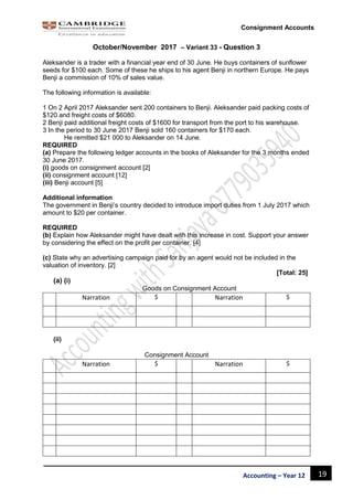 19Accounting – Year 12
Consignment Accounts
October/November 2017 – Variant 33 - Question 3
Aleksander is a trader with a financial year end of 30 June. He buys containers of sunflower
seeds for $100 each. Some of these he ships to his agent Benji in northern Europe. He pays
Benji a commission of 10% of sales value.
The following information is available:
1 On 2 April 2017 Aleksander sent 200 containers to Benji. Aleksander paid packing costs of
$120 and freight costs of $6080.
2 Benji paid additional freight costs of $1600 for transport from the port to his warehouse.
3 In the period to 30 June 2017 Benji sold 160 containers for $170 each.
He remitted $21 000 to Aleksander on 14 June.
REQUIRED
(a) Prepare the following ledger accounts in the books of Aleksander for the 3 months ended
30 June 2017.
(i) goods on consignment account [2]
(ii) consignment account [12]
(iii) Benji account [5]
Additional information
The government in Benji’s country decided to introduce import duties from 1 July 2017 which
amount to $20 per container.
REQUIRED
(b) Explain how Aleksander might have dealt with this increase in cost. Support your answer
by considering the effect on the profit per container. [4]
(c) State why an advertising campaign paid for by an agent would not be included in the
valuation of inventory. [2]
[Total: 25]
(a) (i)
Goods on Consignment Account
Narration $ Narration $
(ii)
Consignment Account
Narration $ Narration $
 