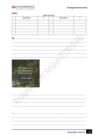 20Accounting – Year 12
Consignment Accounts
(c)(iii)
Benji Account
Narration $ Narration $
(d)……………………………………………………………………………………………………………………………………………………….
……………………………………………………………………………………………………………………………………………………………
……………………………………………………………………………………………………………………………………………………………
……………………………………………………………………………………………………………………………………………………………
……………………………………………………………………………………………………………………………………………………………
……………………………………………………………………………………………………………………………………………………………
*…………………………………………………………………………………………………………………………………………………………
……………………………………………………………………………………………………………………………………………………………
……………………………………………………………………………………………………………………………………………………………
……………………………………………………………………………………………………………………………………………………………
*…………………………………………………………………………………………………………………………………………………………
……………………………………………………………………………………………………………………………………………………………
……………………………………………………………………………………………………………………………………………………………
……………………………………………………………………………………………………………………………………………………………
 