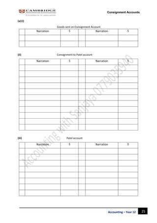 25Accounting – Year 12
Consignment Accounts
(a)(i)
Goods sent on Consignment Account
Narration $ Narration $
(ii) Consignment to Patel account
Narration $ Narration $
(iii) Patel account
Narration $ Narration $
 