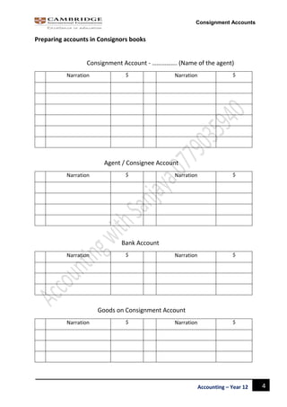 4Accounting – Year 12
Consignment Accounts
Preparing accounts in Consignors books
Consignment Account - ……………. (Name of the agent)
Narration $ Narration $
Agent / Consignee Account
Narration $ Narration $
Bank Account
Narration $ Narration $
Goods on Consignment Account
Narration $ Narration $
 