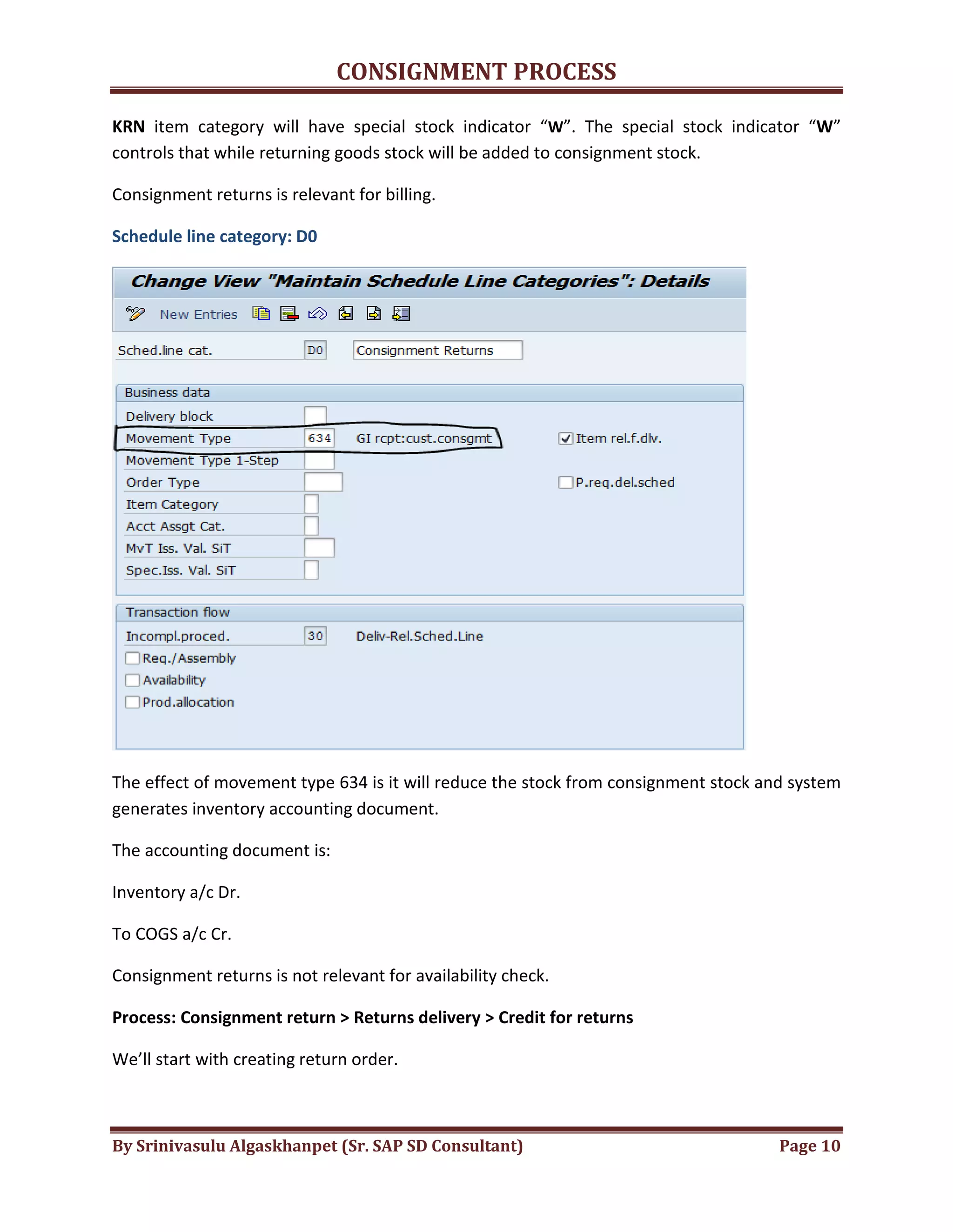 CONSIGNMENT PROCESS
By Srinivasulu Algaskhanpet (Sr. SAP SD Consultant) Page 10
KRN item category will have special stock indicator “W”. The special stock indicator “W”
controls that while returning goods stock will be added to consignment stock.
Consignment returns is relevant for billing.
Schedule line category: D0
The effect of movement type 634 is it will reduce the stock from consignment stock and system
generates inventory accounting document.
The accounting document is:
Inventory a/c Dr.
To COGS a/c Cr.
Consignment returns is not relevant for availability check.
Process: Consignment return > Returns delivery > Credit for returns
We’ll start with creating return order.
 