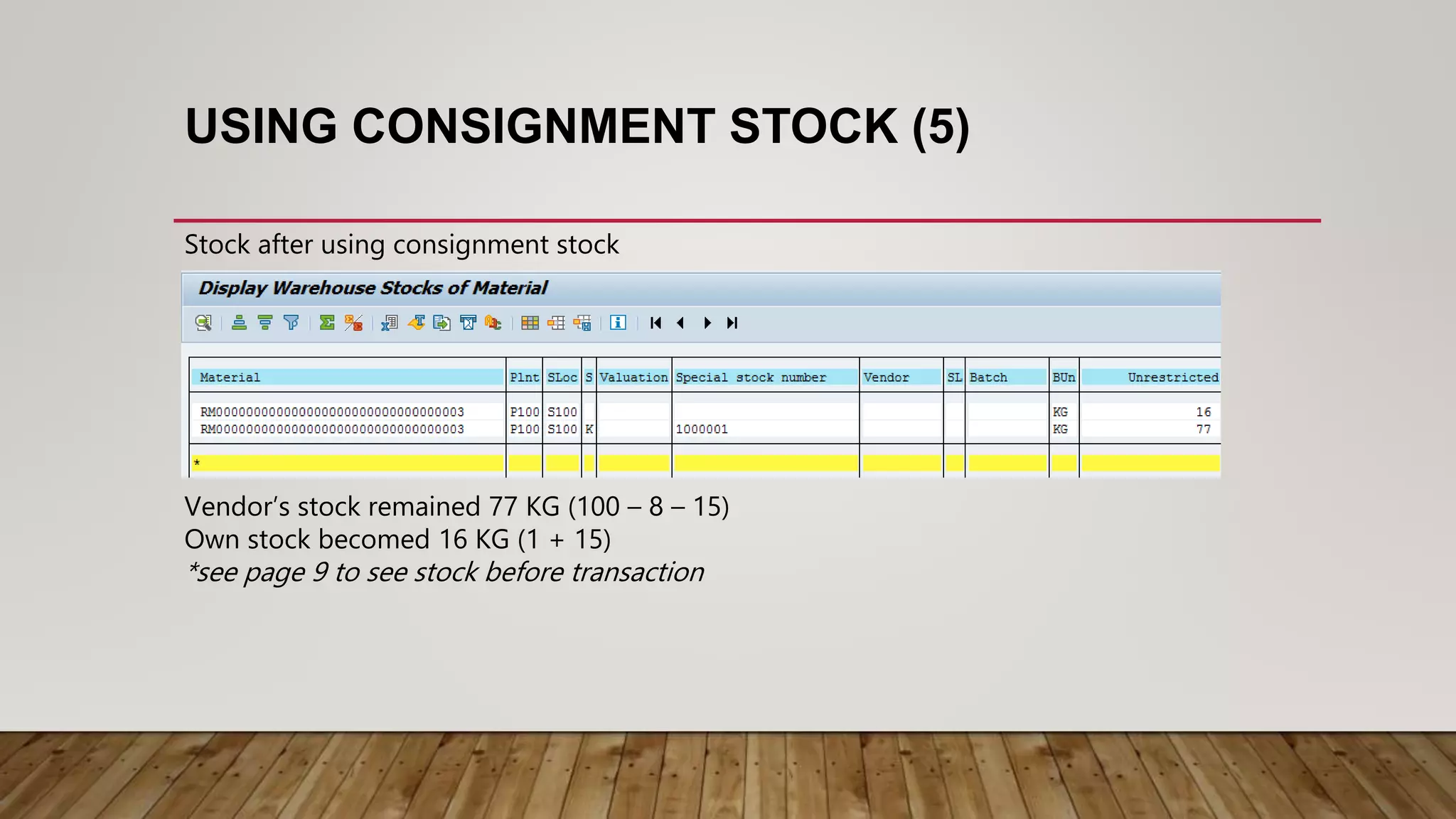 USING CONSIGNMENT STOCK (5)
Stock after using consignment stock
Vendor’s stock remained 77 KG (100 – 8 – 15)
Own stock becomed 16 KG (1 + 15)
*see page 9 to see stock before transaction
 