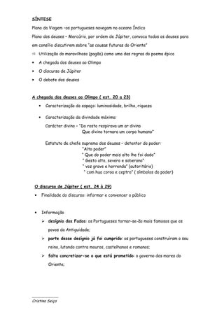 SÍNTESE

Plano da Viagem –os portugueses navegam no oceano Índico

Plano dos deuses – Mercúrio, por ordem de Júpiter, convoca todos os deuses para

em consílio discutirem sobre “as cousas futuras do Oriente”

        Utilização do maravilhoso (pagão) como uma das regras do poema épico

•       A chegada dos deuses ao Olimpo

•       O discurso de Júpiter

•       O debate dos deuses



A chegada dos deuses ao Olimpo ( est. 20 a 23)

        •     Caracterização do espaço: luminosidade, brilho, riqueza

        •     Caracterização da divindade máxima:

              Carácter divino – “Do rosto respirava um ar divino
                                 Que divino tornara um corpo humano”

              Estatuto de chefe supremo dos deuses – detentor do poder:
                                “Alto poder”
                                “ Que do poder mais alto lhe foi dado”
                                “ Gesto alto, severo e soberano”
                                “ voz grave e horrenda” (autoritário)
                                 “ com hua coroa e ceptro” ( símbolos do poder)


    O discurso de Júpiter ( est. 24 à 29)

    •       Finalidade do discurso: informar e convencer o público



    •       Informação

               desígnio dos Fados: os Portugueses tornar-se-ão mais famosos que os

               povos da Antiguidade;

               parte desse desígnio já foi cumprido: os portugueses construíram o seu

               reino, lutando contra mouros, castelhanos e romanos;

               falta concretizar-se o que está prometido: o governo dos mares do

               Oriente;




______________
Cristina Seiça
 
