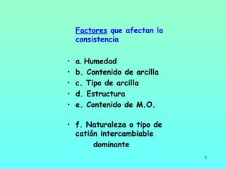 Factores  que afectan la consistencia a .  Humedad  b. Contenido de arcilla  c. Tipo de arcilla d. Estructura  e. Contenido de M.O.  f. Naturaleza o tipo de catión intercambiable dominante 
