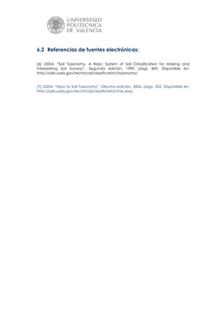 6.2 Referencias de fuentes electrónicas:
[6] USDA; “Soil Taxonomy. A Basic System of Soil Classification for Making and
Interpreting Soil Surveys”. Segunda edición, 1999, págs: 869. Disponible en:
http://soils.usda.gov/technical/classification/taxonomy/
[7] USDA; “Keys to Soil Taxonomy”. Décima edición, 2006, págs: 332. Disponible en:
http://soils.usda.gov/technical/classification/tax_keys

 