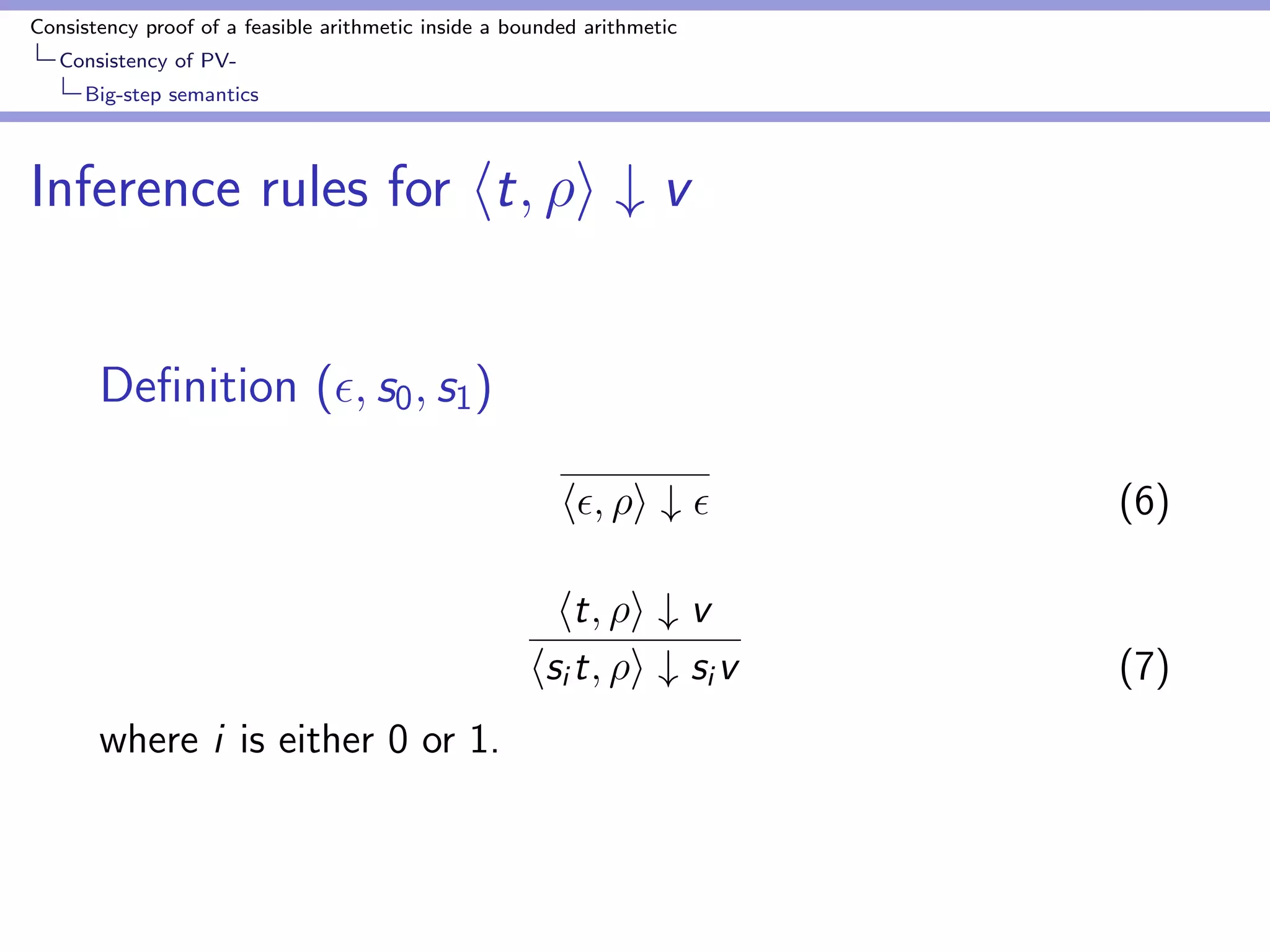 Consistency proof of a feasible arithmetic inside a bounded arithmetic 
Consistency of PV-Soundness 
theorem 
Consistency of big-step semantics 
Lemma (S1 
2 ) 
There is no computation which proves h; i # s1 
Proof. 
Immediate from the form of inference rules 
 