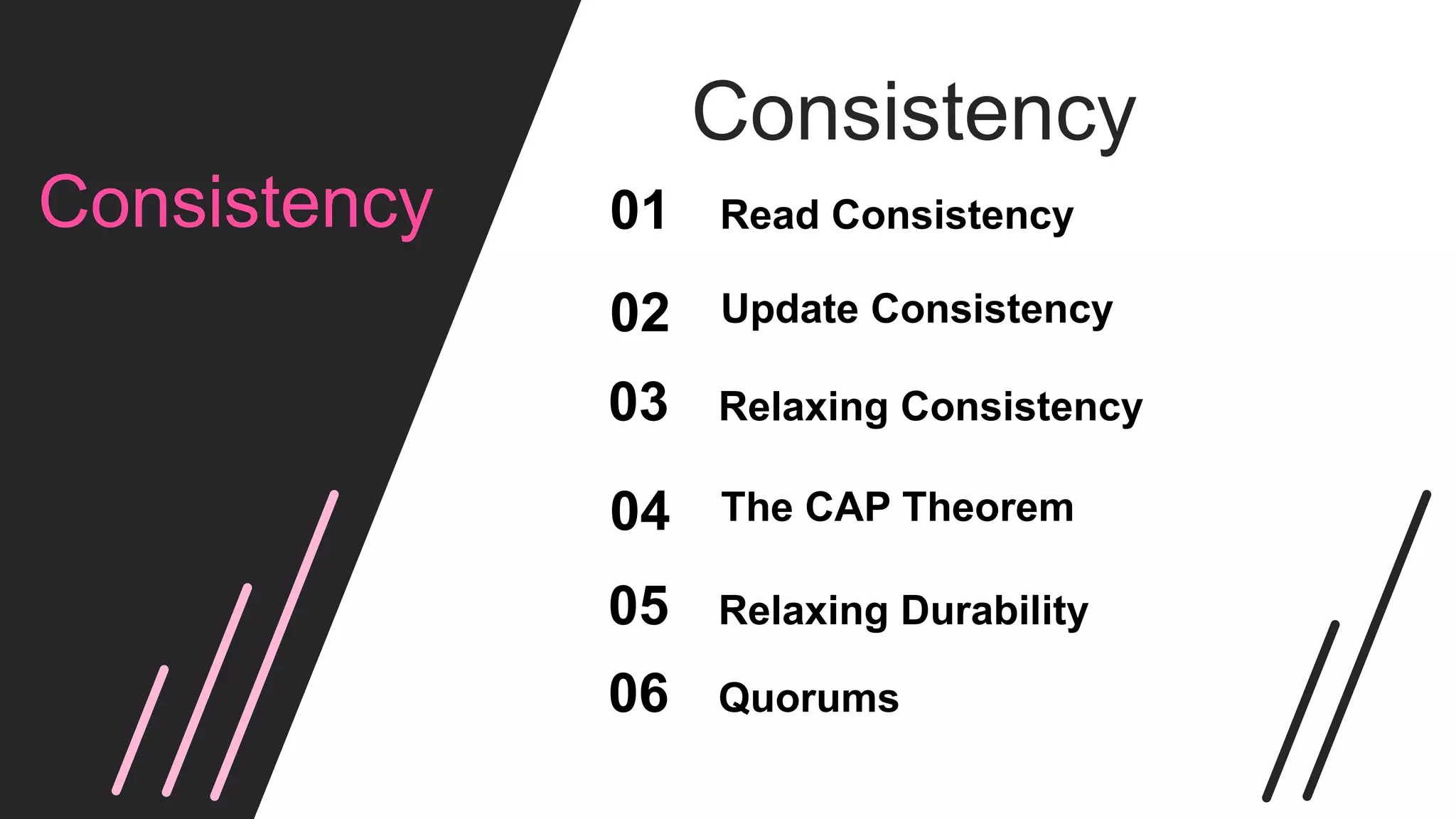 Consistency
The CAP Theorem
04
Consistency
Update Consistency
02
Read Consistency
01
Relaxing Consistency
03
Relaxing Durability
05
Quorums
06
 