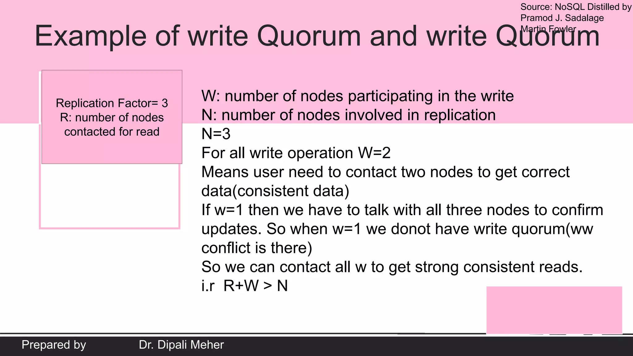Source: NoSQL Distilled by
Pramod J. Sadalage
Martin Fowler
Prepared by Dr. Dipali Meher
Example of write Quorum and write Quorum
Replication Factor= 3
R: number of nodes
contacted for read
W: number of nodes participating in the write
N: number of nodes involved in replication
N=3
For all write operation W=2
Means user need to contact two nodes to get correct
data(consistent data)
If w=1 then we have to talk with all three nodes to confirm
updates. So when w=1 we donot have write quorum(ww
conflict is there)
So we can contact all w to get strong consistent reads.
i.r R+W > N
 