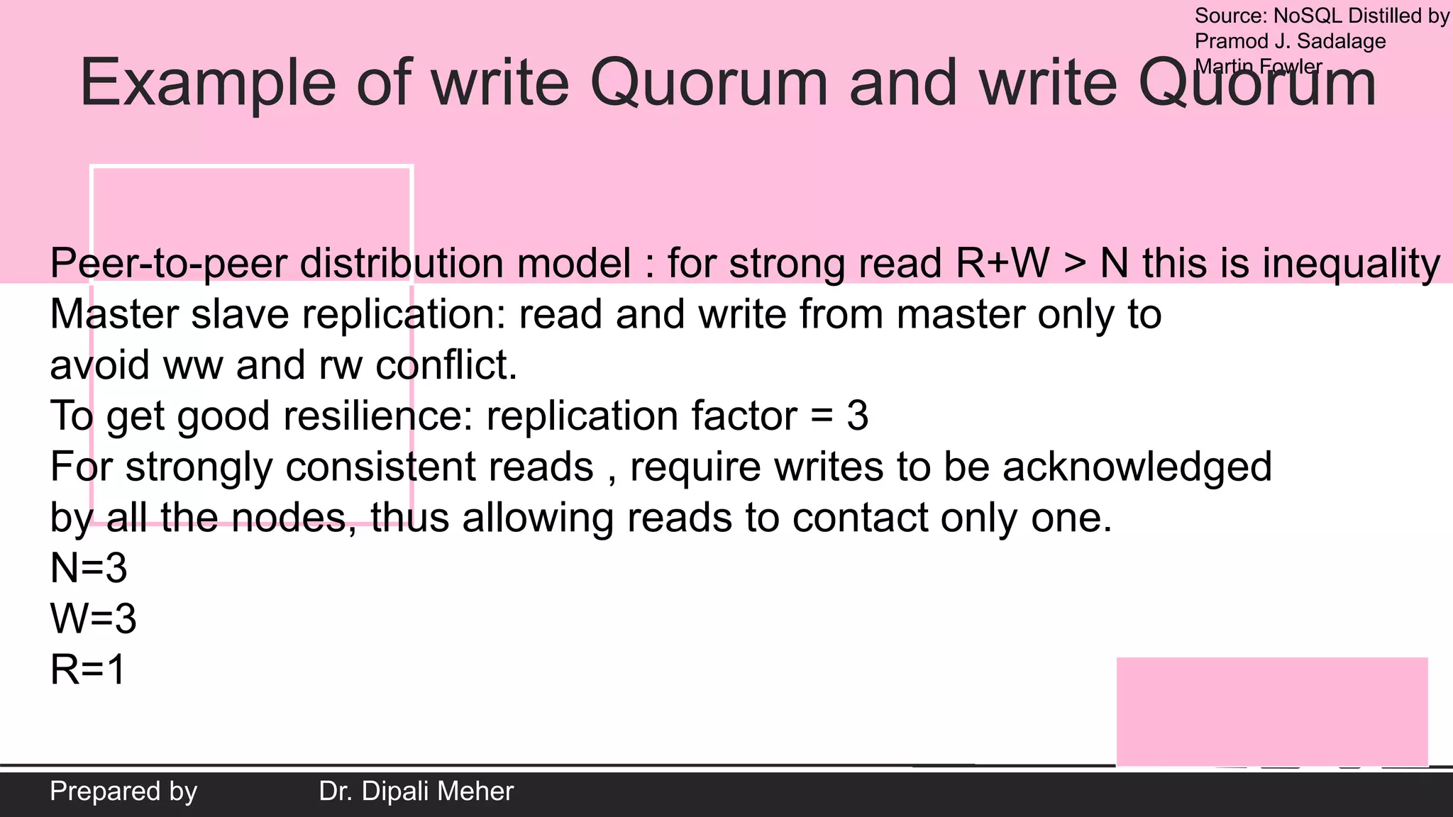 Source: NoSQL Distilled by
Pramod J. Sadalage
Martin Fowler
Prepared by Dr. Dipali Meher
Example of write Quorum and write Quorum
Peer-to-peer distribution model : for strong read R+W > N this is inequality
Master slave replication: read and write from master only to
avoid ww and rw conflict.
To get good resilience: replication factor = 3
For strongly consistent reads , require writes to be acknowledged
by all the nodes, thus allowing reads to contact only one.
N=3
W=3
R=1
 