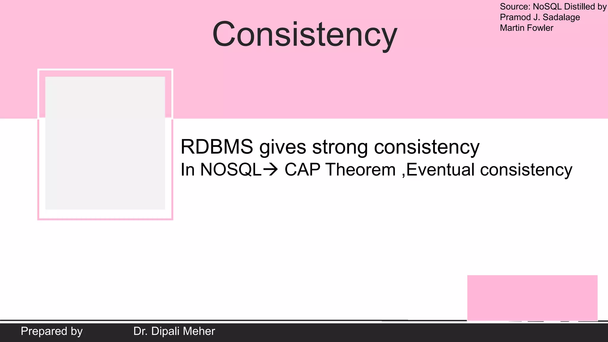 Source: NoSQL Distilled by
Pramod J. Sadalage
Martin Fowler
Prepared by Dr. Dipali Meher
Consistency
RDBMS gives strong consistency
In NOSQL CAP Theorem ,Eventual consistency
 