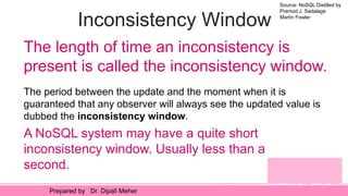 Source: NoSQL Distilled by
Pramod J. Sadalage
Martin Fowler
Prepared by Dr. Dipali Meher
Inconsistency Window
The period between the update and the moment when it is
guaranteed that any observer will always see the updated value is
dubbed the inconsistency window.
The length of time an inconsistency is
present is called the inconsistency window.
A NoSQL system may have a quite short
inconsistency window. Usually less than a
second.
 