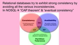 Relational databases try to exhibit strong consistency by
avoiding all the various inconsistencies.
In NOSQL “CAP theorem” & “eventual consistency”
 