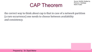 Source: NoSQL Distilled by
Pramod J. Sadalage
Martin Fowler
Prepared by Dr. Dipali Meher
CAP Theorem
the correct way to think about cap is that in case of a network partition
(a rare occurrence) one needs to choose between availability
and consistency.
 