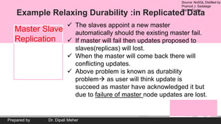 Source: NoSQL Distilled by
Pramod J. Sadalage
Martin Fowler
Prepared by Dr. Dipali Meher
Example Relaxing Durability :in Replicated Data
Master Slave
Replication
 The slaves appoint a new master
automatically should the existing master fail.
 If master will fail then updates proposed to
slaves(replicas) will lost.
 When the master will come back there will
conflicting updates.
 Above problem is known as durability
problem as user will think update is
succeed as master have acknowledged it but
due to failure of master node updates are lost.
 