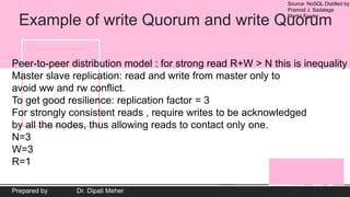 Source: NoSQL Distilled by
Pramod J. Sadalage
Martin Fowler
Prepared by Dr. Dipali Meher
Example of write Quorum and write Quorum
Peer-to-peer distribution model : for strong read R+W > N this is inequality
Master slave replication: read and write from master only to
avoid ww and rw conflict.
To get good resilience: replication factor = 3
For strongly consistent reads , require writes to be acknowledged
by all the nodes, thus allowing reads to contact only one.
N=3
W=3
R=1
 