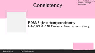 Source: NoSQL Distilled by
Pramod J. Sadalage
Martin Fowler
Prepared by Dr. Dipali Meher
Consistency
RDBMS gives strong consistency
In NOSQL CAP Theorem ,Eventual consistency
 