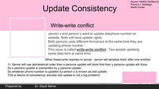 Source: NoSQL Distilled by
Pramod J. Sadalage
Martin Fowler
Prepared by Dr. Dipali Meher
Update Consistency
person x and person y want to update telephone number on
website. Both will have update rights.
Both persons uses different format but at the same time they are
updating phone number.
This issue is called write-write conflict.: Two people updating
same data item at same time.
Write-write conflict
When these write reaches to server , server will serialize them after one another.
1) Server will use alphabetical order then x persons update will done first then y persons update will done.
So x persons update is overwritten by y persons update.
So whatever phone number is updated by person x is known as lost update.
This is failure of consistency( actually lost update is not a big problem)
 