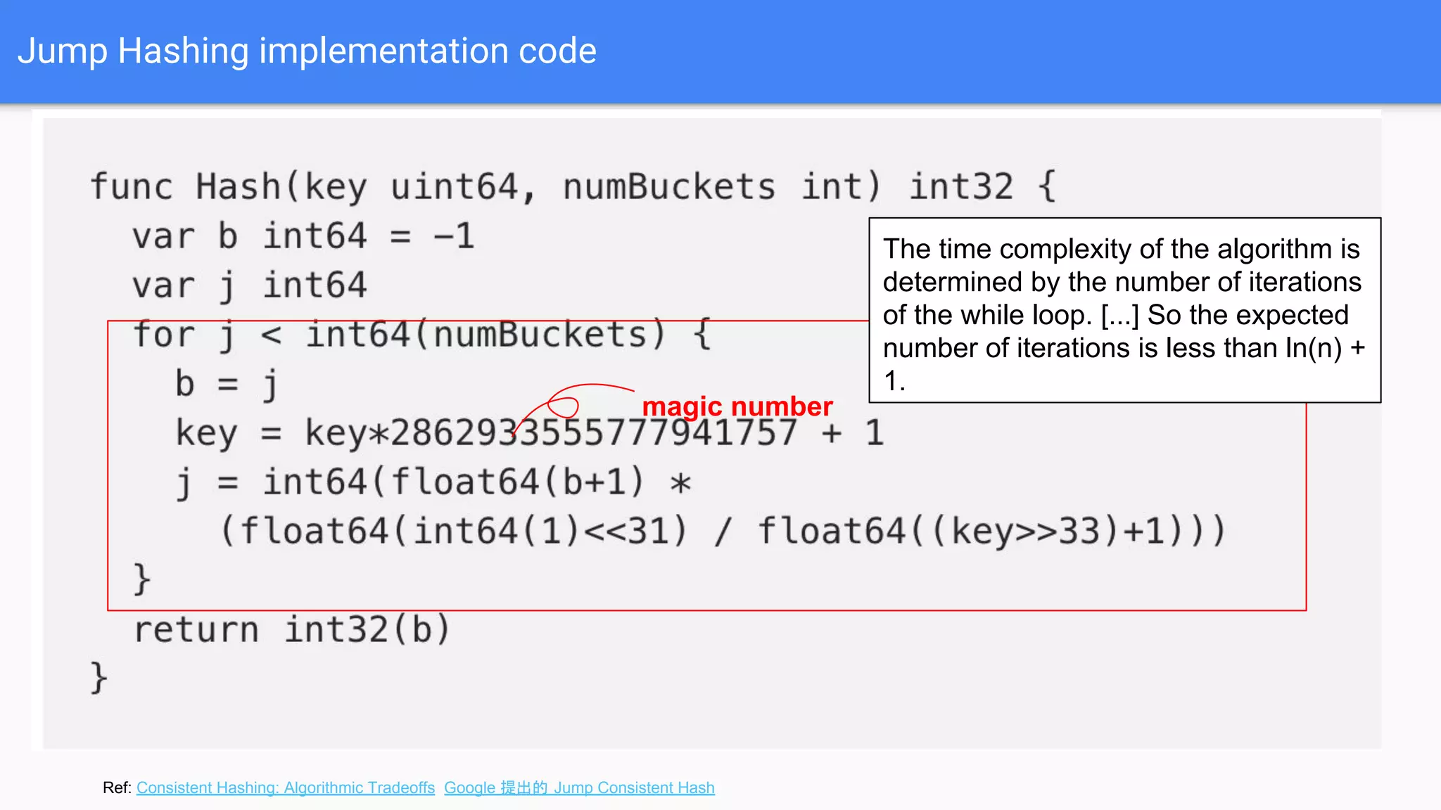 Jump Hashing implementation code
magic number
Ref: Consistent Hashing: Algorithmic Tradeoffs Google 提出的 Jump Consistent Hash
The time complexity of the algorithm is
determined by the number of iterations
of the while loop. [...] So the expected
number of iterations is less than ln(n) +
1.
 