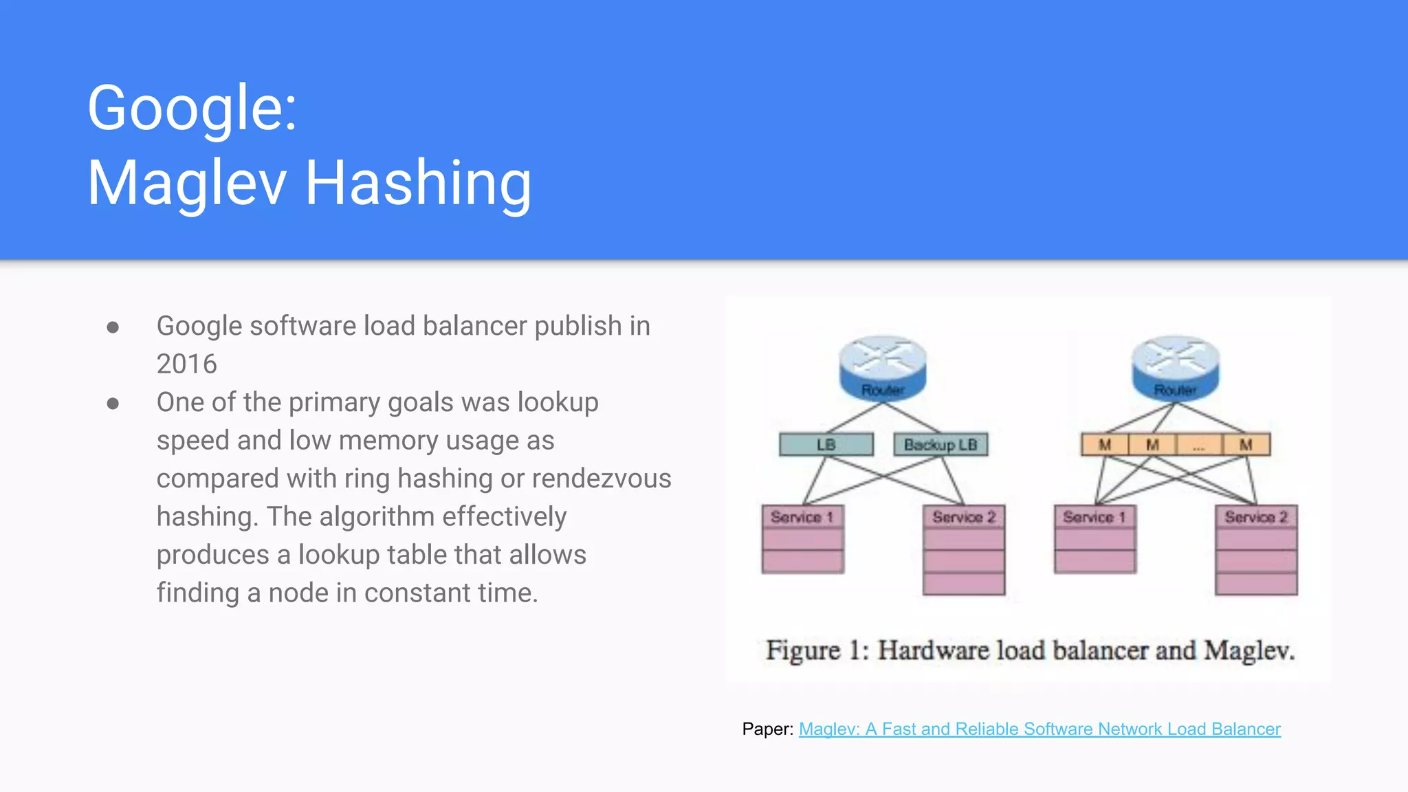 Google:
Maglev Hashing
● Google software load balancer publish in
2016
● One of the primary goals was lookup
speed and low memory usage as
compared with ring hashing or rendezvous
hashing. The algorithm effectively
produces a lookup table that allows
finding a node in constant time.
Paper: Maglev: A Fast and Reliable Software Network Load Balancer
 