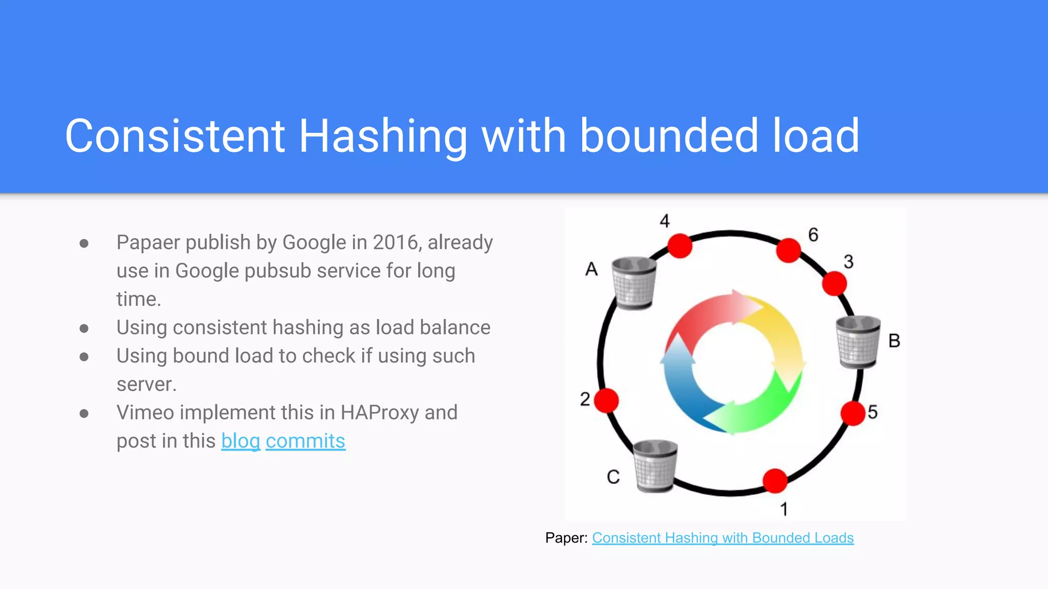 Consistent Hashing with bounded load
● Papaer publish by Google in 2016, already
use in Google pubsub service for long
time.
● Using consistent hashing as load balance
● Using bound load to check if using such
server.
● Vimeo implement this in HAProxy and
post in this blog commits
Paper: Consistent Hashing with Bounded Loads
 