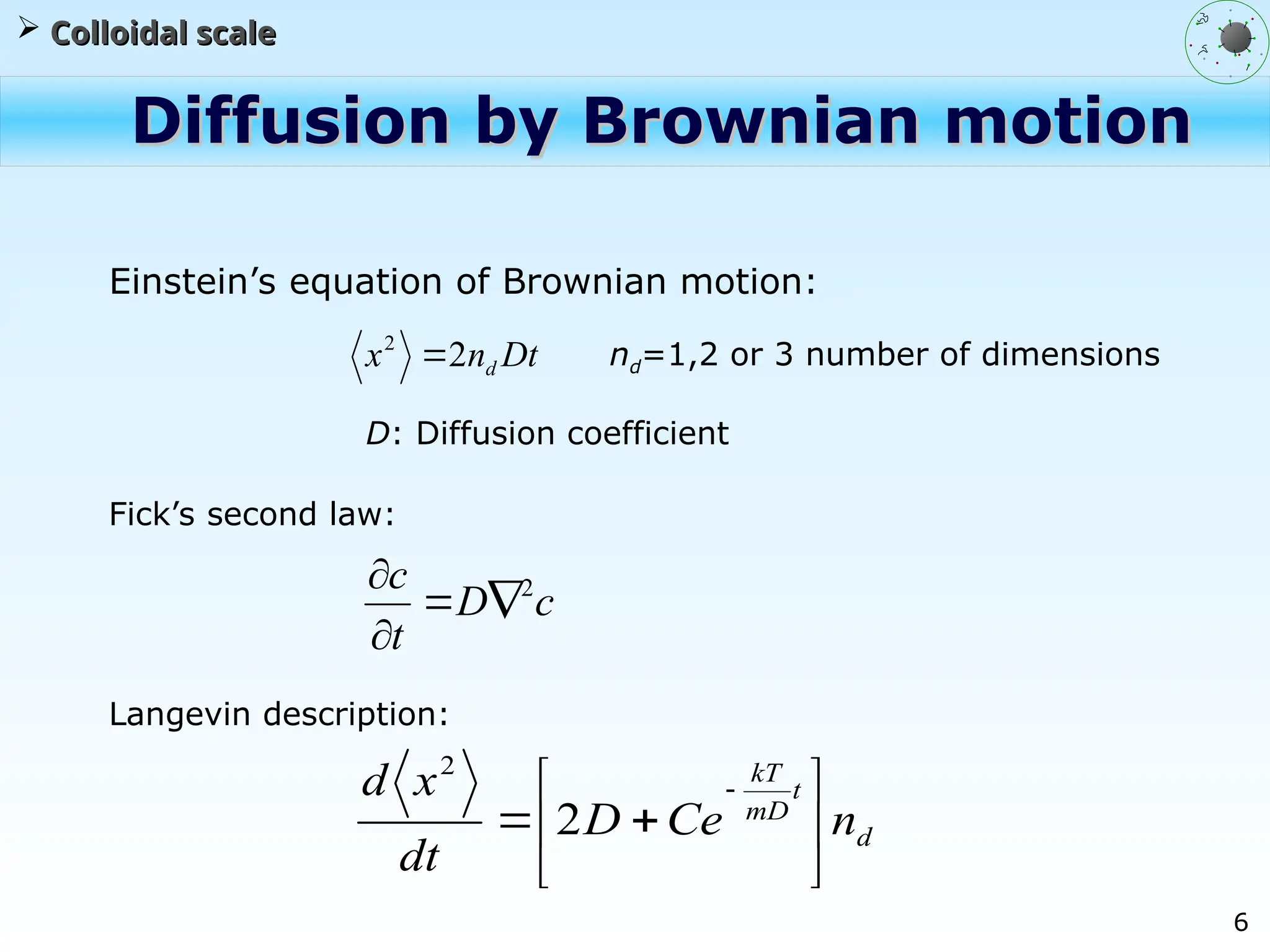 6
Diffusion by Brownian motion
Diffusion by Brownian motion
Dt
n
x d
2
2

 Colloidal scale
Colloidal scale
Einstein’s equation of Brownian motion:
Langevin description:
nd=1,2 or 3 number of dimensions
Fick’s second law:
D: Diffusion coefficient
c
D
t
c 2




d
t
mD
kT
n
Ce
D
dt
x
d









2
2
 