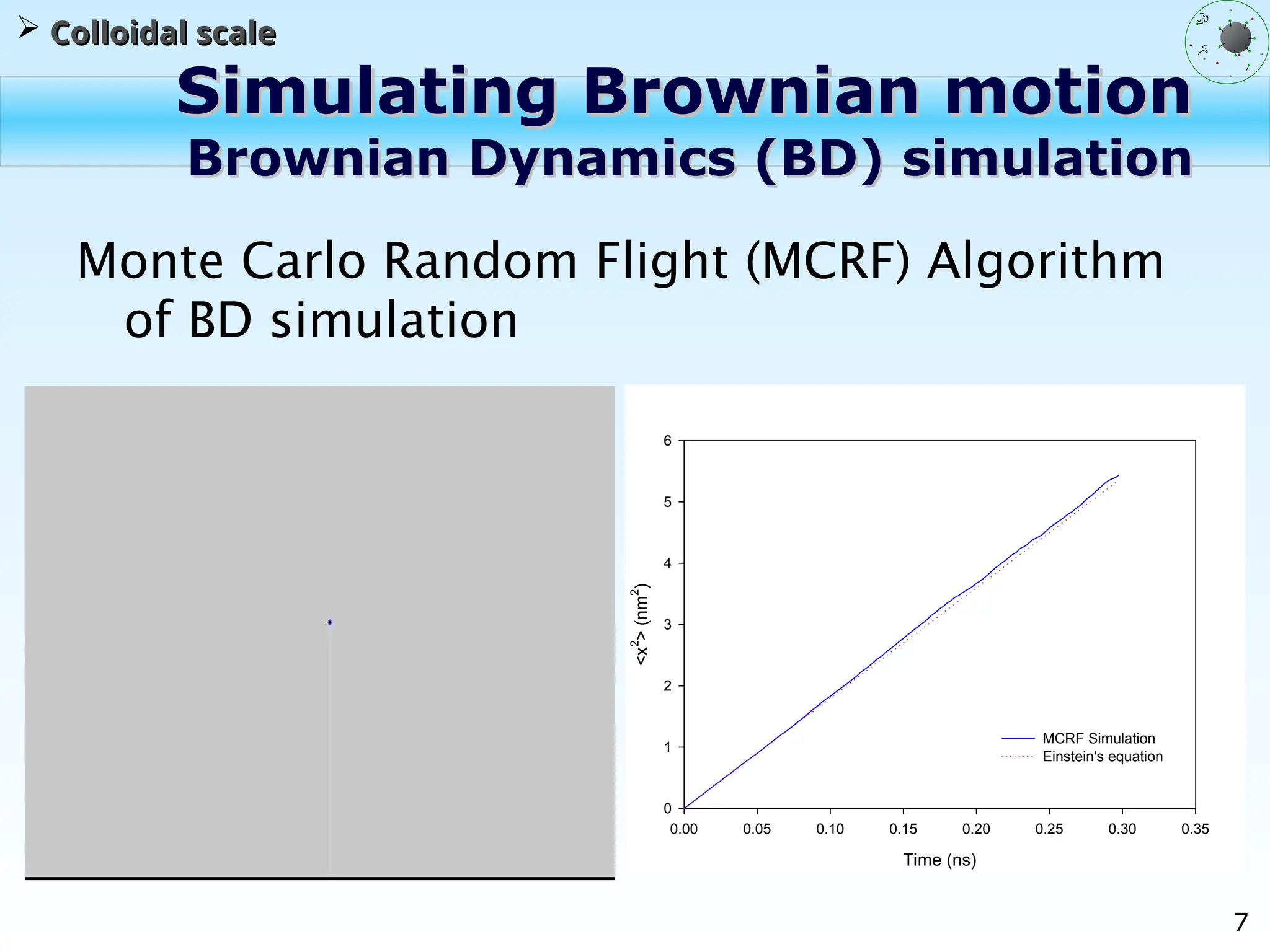 7
Simulating Brownian motion
Simulating Brownian motion
Brownian Dynamics (BD) simulation
Brownian Dynamics (BD) simulation
Monte Carlo Random Flight (MCRF) Algorithm
of BD simulation
 Colloidal scale
Colloidal scale
Time (ns)
0.00 0.05 0.10 0.15 0.20 0.25 0.30 0.35
<x
2
>
(nm
2
)
0
1
2
3
4
5
6
MCRF Simulation
Einstein's equation
 