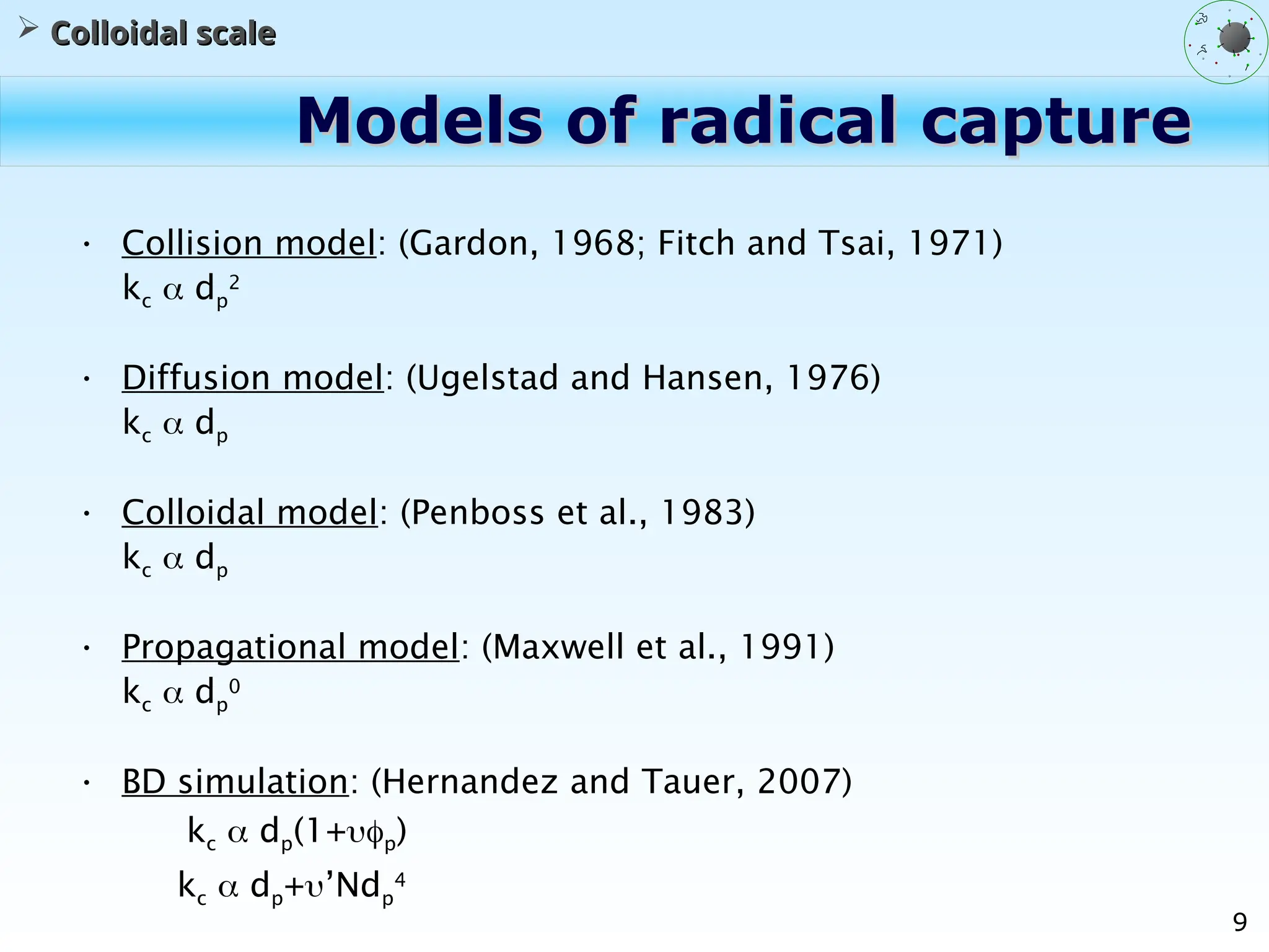 9
Models of radical capture
Models of radical capture
 Colloidal scale
Colloidal scale
• Collision model: (Gardon, 1968; Fitch and Tsai, 1971)
kc  dp
2
• Diffusion model: (Ugelstad and Hansen, 1976)
kc  dp
• Colloidal model: (Penboss et al., 1983)
kc  dp
• Propagational model: (Maxwell et al., 1991)
kc  dp
0
• BD simulation: (Hernandez and Tauer, 2007)
kc  dp(1+p)
kc  dp+’Ndp
4
 