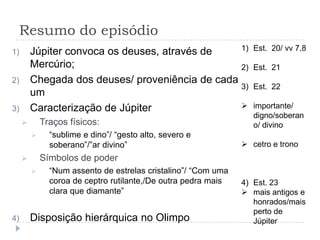 Resumo do episódio
1)       Júpiter convoca os deuses, através de    1)               Est. 20/ vv 7,8

         Mercúrio;                                2)               Est. 21
2)       Chegada dos deuses/ proveniência de cada
                                                  3)               Est. 22
         um
3)       Caracterização de Júpiter                                importante/
                                                                   digno/soberan
            Traços físicos:                                       o/ divino
              “sublime e dino”/ “gesto alto, severo e
               soberano”/”ar divino”                             cetro e trono
            Símbolos de poder
              “Num assento de estrelas cristalino”/ “Com uma
               coroa de ceptro rutilante,/De outra pedra mais   4) Est. 23
               clara que diamante”                               mais antigos e
                                                                   honrados/mais
                                                                   perto de
4)       Disposição hierárquica no Olimpo                          Júpiter
 
