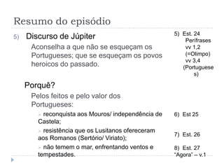 Resumo do episódio
                                                     5) Est. 24
5)   Discurso de Júpiter                                 Perífrases
      Aconselha a que não se esqueçam os                 vv 1,2
      Portugueses; que se esqueçam os povos              (=Olimpo)
                                                         vv 3,4
      heroicos do passado.                              (Portuguese
                                                             s)

     Porquê?
      Pelos feitos e pelo valor dos
      Portugueses:
         reconquista aos Mouros/ independência de   6) Est 25
        Castela;
         resistência que os Lusitanos ofereceram
                                                     7) Est. 26
        aos Romanos (Sertório/ Viriato);
         não temem o mar, enfrentando ventos e      8) Est. 27
        tempestades.                                 “Agora” – v.1
 