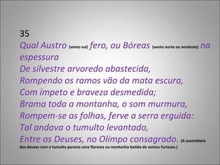 35 Qual Austro  (vento sul)  fero, ou Bóreas  (vento norte ou nordeste)  na espessura De silvestre arvoredo abastecida, Rompendo os ramos vão da mata escura, Com ímpeto e braveza desmedida; Brama toda a montanha, o som murmura, Rompem-se as folhas, ferve a serra erguida: Tal andava o tumulto levantado, Entre os Deuses, no Olimpo consagrado.  (A assembleia dos deuses com o tumulto parecia uma floresta na montanha batida de ventos furiosos.) 