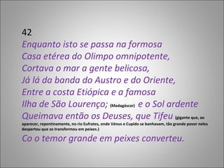 42 Enquanto isto se passa na formosa Casa etérea do Olimpo omnipotente, Cortava o mar a gente belicosa, Já lá da banda do Austro e do Oriente, Entre a costa Etiópica e a famosa Ilha de São Lourenço;  (Madagáscar)  e o Sol ardente Queimava então os Deuses, que Tifeu  (gigante que, ao aparecer, repentinamente, no rio Eufrates, onde Vénus e Cupido se banhavam, tão grande pavor neles despertou que os transformou em peixes.) Co o temor grande em peixes converteu. 