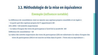 3.3. Méthodologie de la mise en équivalence
La différence de consolidation vient se rajouter aux capitaux propres consolidés et est égale à :
– la quote-part des capitaux propres de F1 appartenant à M :
(30 x 400) = 120 (intérêts majoritaires)
– la valeur d’origine des titres de participation à l’actif de la société M : 100
Différence de consolidation = 20
La valeur des intérêts majoritaires des titres de participation (120) est substituée à la valeur d’origine des
titres de participation (100) et est inscrite au bilan dans le poste « Titres mis en équivalence ».
Exemple (influence notable)
 