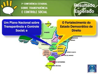 Resultado
                                   Esperado

Um Plano Nacional sobre     O Fortalecimento do
Transparência e Controle   Estado Democrático de
       Social; e                   Direito
 