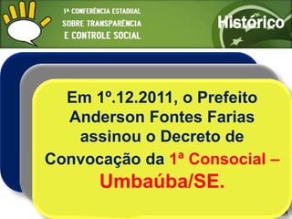 Histórico

       Em 08.12.2010,
Setembro/2009, CGU realiza o      o
  Presidente da República
       Em 27.05.2011,o Prefeito
         EmNacional sobre o Gov.
               1º.12.2011,
 1º Seminário 500 participantes
     mais de
     assinouSocial Fontesde o
      MarcelooDéda assinou
           diversas Decreto Farias
         Anderson
       Controle       experiências de
               por dia;
        sucesso na Convocação da
        Convocação dacontrole
                       prática do
            assinou do evento, os participantes
    Decreto de  Ao final o Decreto de
         social foram apresentadas;
              entregaram um abaixo-assinado ao
    1ª Consocial - 1ª Consocial –
     Convocação da Brasilsolicitando
           Ministro-Chefe da CGU,
        1ª Consocial/SE.
           Umbaúba/SE.
           a convocação de uma conferência
                        nacional.
 