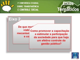 Eixos
                                   Temáticos
Eixo 2.
  Mecanismos de controle
     De que modo podem ser
         viabilizados promover a
                      novos
   social,Comoparticipação capacitação
                 engajamento e
    mecanismos de estimular a participação
                   e
  capacitação da sociedade
         e controle social?
                  da sociedade para que haja
  para o controle dapública? da
                     um efetivo controle
                        gestão
                                 gestão
                pública;
 