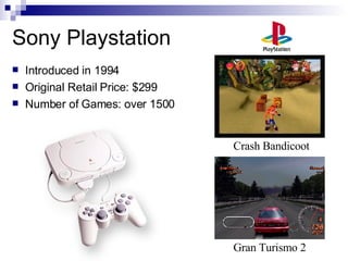 Sony Playstation
    Introduced in 1994


    Original Retail Price: $299


    Number of Games: over 1500




        ...