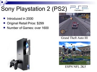 Sony Playstation 2 (PS2)
    Introduced in 2000


    Original Retail Price: $299


    Number of Games: over 1600




...