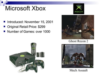 Microsoft Xbox

    Introduced: November 15, 2001


    Original Retail Price: $299


    Number of Games: over 1000


...