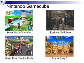 Nintendo Gamecube




 Super Mario Sunshine     Resident Evil Zero




Mario Kart: Double Dash    Mario Party 7