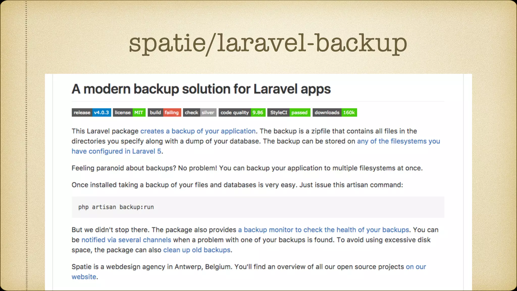 spatie/laravel-backup
 