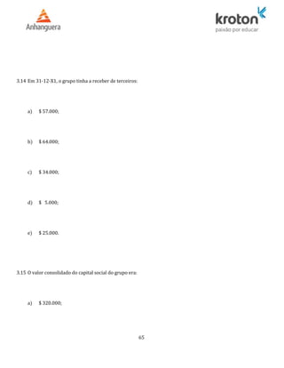 3.14 Em 31-12-X1, o grupo tinha a receber de terceiros:
a) $ 57.000;
b) $ 64.000;
c) $ 34.000;
d) $ 5.000;
e) $ 25.000.
3.15 O valor consolidado do capital social do grupo era:
a) $ 320.000;
65
 