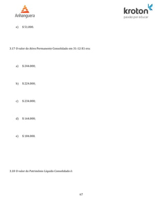 e) $ 51.000.
3.17 O valor do Ativo Permanente Consolidado em 31-12-X1 era:
a) $ 244.000;
b) $ 224.000;
c) $ 234.000;
d) $ 164.000;
e) $ 184.000.
3.18 O valor do Patrimônio Líquido Consolidado é:
67
 